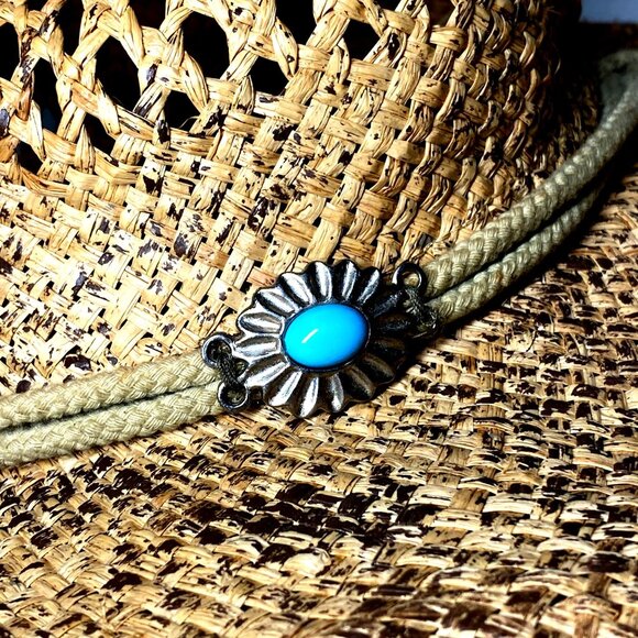Cov/Ver Your World sun hat rattan turquoise stone adjustable chin strap Sm/M - Picture 3 of 9